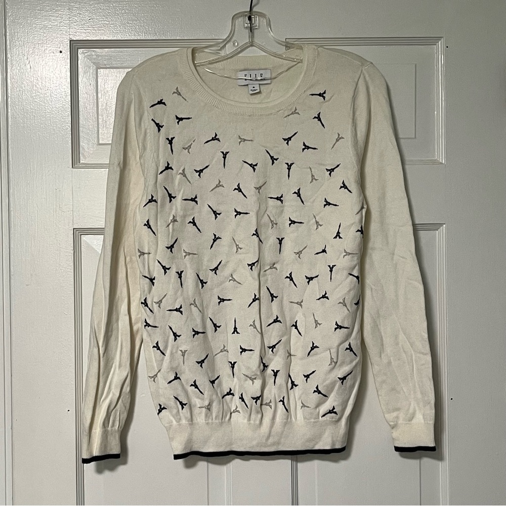 Elle Cream Sweater with Black Bird Pattern